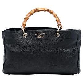 Bolsa shopper média em couro de bezerro preto com bambu Gucci Preto