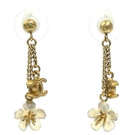 Chanel Gold and White Metal Drop Earrings White Golden