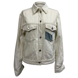 Isabel Marant Etoile Lindy Patchwork Accent Denim Jacket in White Cotton White Cream