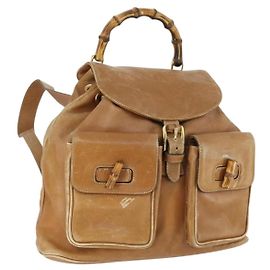 Mochila de couro bege dourado GUCCI Bamboo 003 2058 0016 Auth 165169 Bege Dourado