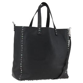 Valentino Bolsa Tote de couro 2 em 1 Preto Prata Auth BA9899 Preto Prata