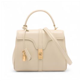 Céline 16 Pequena Bolsa de Mão em Couro de Bezerro Brilhante Rice Fora de branco