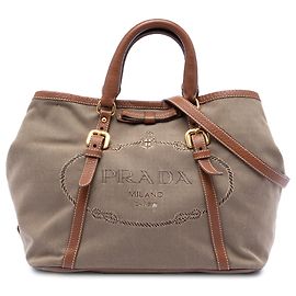 Bolsa Prada em lona Canapa marrom com logo e laço Marrom Bege