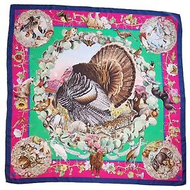 Lenço de seda "Fauna e Flora do Texas" da Hermès Marrom Rosa Azul Bege Verde