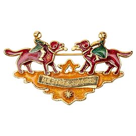 Hermès Cloisonné Mädchen und Hund Brosche Rot Golden Grün