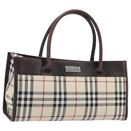 BURBERRY Nova Check Hand Bag Nylon Beige Silver Auth ep13206 Silvery Beige