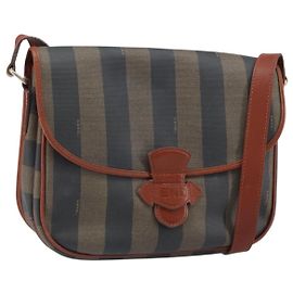 FENDI Pecan Canvas Shoulder Bag PVC Black Brown gold Auth BA9915 Brown Black Golden