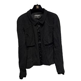 Chanel Jacke aus schwarzer Wolle mit Seidenfutter Schwarz
