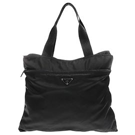 Prada Nylon Black Logo Boston Tote Bag Black