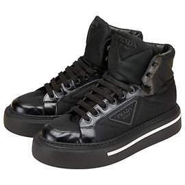 Prada Re-Nylon Makro Nylon Leder High-Top Sneakers Schwarz Weiß