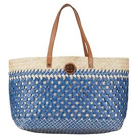 Tory Burch Raffia Leather Tote Bag Blue Beige