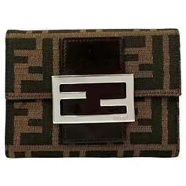 FENDI Zucca FF Logo Leather Canvas Tri-fold Wallet Brown