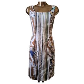 Autre Marque Vestido de algodão com estampa floral e listras Marrom Branco Azul Multicor Verde