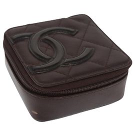 Pochete de couro da linha Cambon CHANEL marrom escuro com CC prateado Auth 171191 Prata Castanho escuro