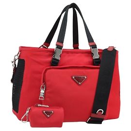 PRADA Pet Bag Pet Carry Nylon 2way Red Silver Auth 170756SAM Silvery Red