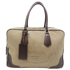 Bolso Boston de jacquard con logo de Prada Beige Caqui Marrón oscuro