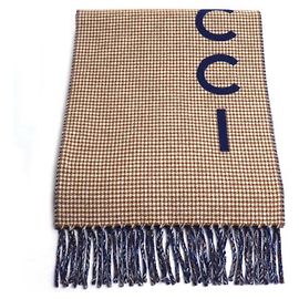 Cachecol Gucci Logo em Camelo Azul marinho Camelo