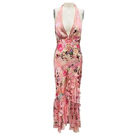 Vestido maxi de seda com decote halter estampado multicolorido Camilla x Wicked Pink Rosa