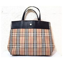 Bolsa tote Burberry de couro preto e lona xadrez Preto Castanho claro