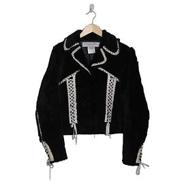 Schwarze Kunstpelzjacke von Christian Dior mit weißen Spitzen- und Bindedetails Schwarz