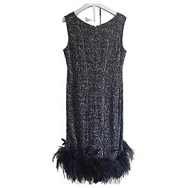 Escada Couture Perlenkleid mit Federn Schwarz