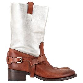Ralph Lauren Harness Accent Riding Mid Calf Boots in Brown and Silver Leather Brown