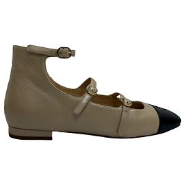 Chanel CC Ankle Strap Mary Jane Ballet Flats in Beige Leather Beige