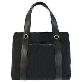 Bulgari Bvlgari Logomania Black Canvas Leather Tote Bag Black