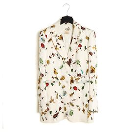 Hermès 1990s Insect Silk Twill Jacket FR38 Ecru UK10 US8 Cream