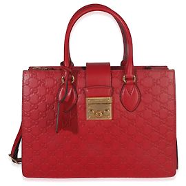 Gucci Red Guccissima Signature Padlock Double Handle Tote Red