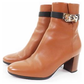 Bottes courtes en cuir métallisé Kelly Saint Germain d'Hermès Marron Noir