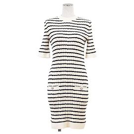 Vestido de mezcla de lana Chanel P74153 Blanco Crudo Azul marino