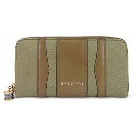 Bulgari Bvlgari B-zero1 Leather Canvas Long Wallet Brown Khaki