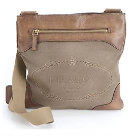 Prada Logo Jacquard Leather Canvas Messenger Shoulder Bag Brown