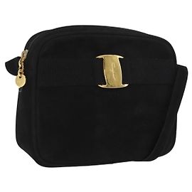 Bolsa de Ombro Vala em Camurça Preta e Dourada Auth BA10372 da Salvatore Ferragamo Preto Dourado