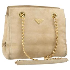 PRADA Chain Shoulder Bag Suede Beige Gold Auth 169631 Beige Golden