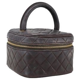 CHANEL Bolsa Vanity Matelassé em Couro de Cordeiro Marrom Escuro Dourado CC Auth 170916 Dourado Castanho escuro