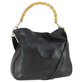 Borsa a Spalla in Pelle Gucci Bamboo 2way Nera Oro Auth ep13051 Nero D'oro