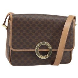 Céline Bolsa de ombro circular em lona Macadam CELINE em couro PVC marrom dourado Auth 169869 Marrom Dourado
