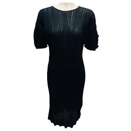 Vestido midi de gaze texturizada preta com mangas curtas Salvatore Ferragamo Preto