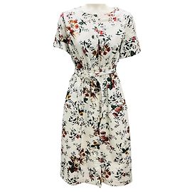 Robe midi en denim à manches courtes imprimée florale multicolore Erdem White Hannah Blanc
