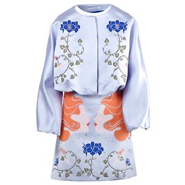 Autre Marque Vivetta Blaues Blumenjacken- und Rockset Blau Hellbraun