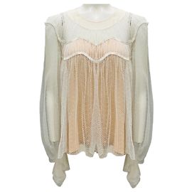 Chloé Langärmlige Seidenbluse mit Mesh-Tüll-Spitzenüberzug Chloe Milk Weiß