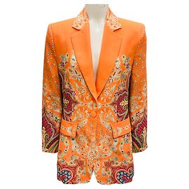 Etro Orange Multi Paisley Printed One Button Blazer Orange