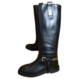 New Moschino black leather high boots with golden logo size 42 EU Black
