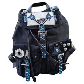 Prada black nylon backpack adorned with blue and white details Black White Blue