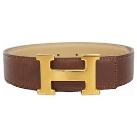 Cinto Hermès Constance em couro Box Calf Marrom Bege