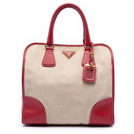 Bolsa Canapa em lona com detalhes Saffiano marrom da Prada Marrom Bege