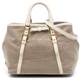 Bolsa satchel de lona canapa bege com logo e laço Prada Bege