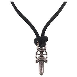 Chrome Hearts Vulcan Cross Double Leather Blade Necklace Silvery
